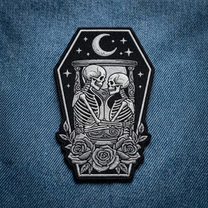 Skeleton Lovers Coffin Patch, Gothic Eternal Love Embroidered Iron On Applique, Macabre Rose Moon Patch for Jackets & Bags