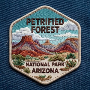 May include: A hexagonal embroidered patch featuring a landscape of the Petrified Forest National Park in Arizona. The design includes brown mesas, desert vegetation, and white clouds against a blue sky, with the text PETRIFIED FOREST NATIONAL PARK ARIZONA.