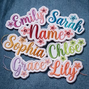 Personalized Floral Name Patch, Custom Embroidered Iron On Tag, Cursive Script Name Badge for Jacket, Girls Backpack Patch, Custom Gift