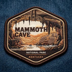 May include: A hexagonal embroidered patch featuring a detailed landscape of Mammoth Cave National Park in Kentucky. The design depicts a cavern interior with hanging stalactites, a subterranean river, and rocky formations in shades of brown and tan.