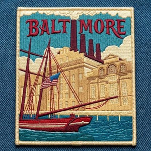 Baltimore Embroidered Patch, Vintage Ship Iron On Sew On Applique, Maryland Travel Souvenir, Nautical City Jacket Decal, Backpack Badge