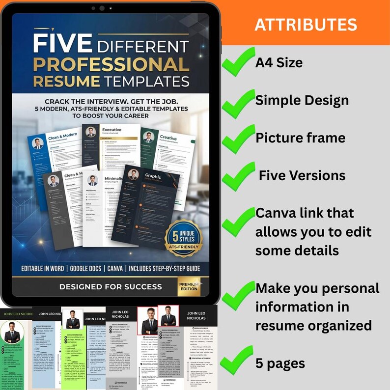 5 Professional Resume Templates Bundle, ATS Friendly Canva CV Design ...