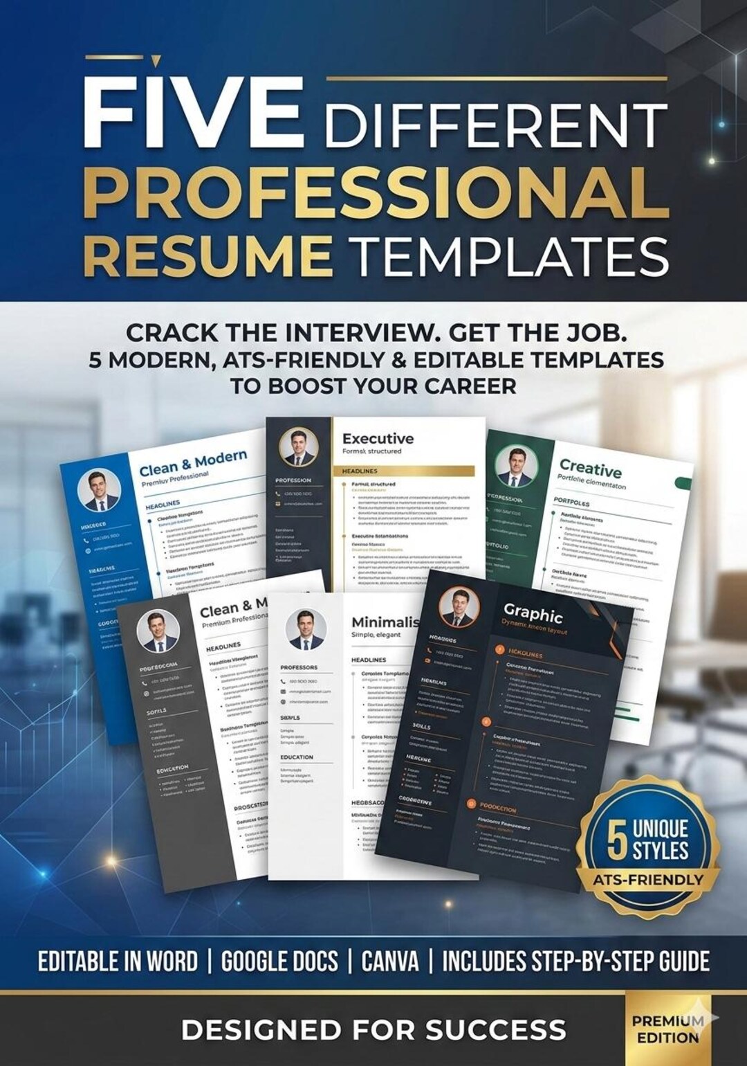 5 Professional Resume Templates Bundle, ATS Friendly Canva CV Design ...