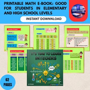 以下が含まれることがあります： 小学校と高校の生徒向けの、印刷可能な数学e-book。表紙には「IT'S TIME TO LEARN INTEGERS」のタイトルと電球のグラフィックが表示されています。 e-bookには、例、演習、PEMDASルールのガイドが含まれています。 e-bookは62ページです。