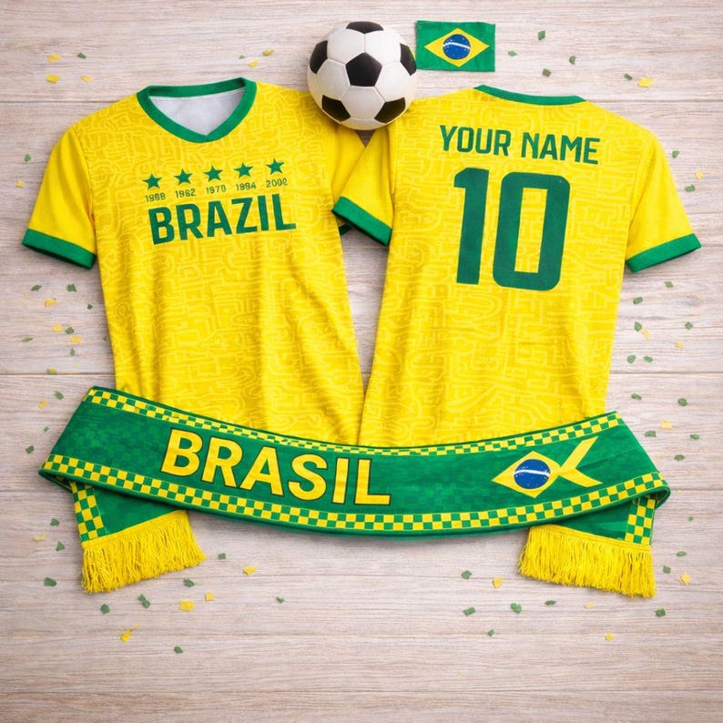 Peut inclure: Un maillot de football jaune du Br&eacute;sil avec des bordures vertes, le mot "BRAZIL" et des &eacute;toiles. Un ballon de football, une &eacute;charpe avec "BRASIL" et un drapeau br&eacute;silien sont &eacute;galement pr&eacute;sents. Le maillot porte le num&eacute;ro 10 et l'inscription "YOUR NAME".