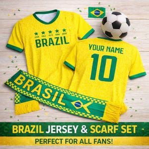Peut inclure: Un ensemble maillot et &eacute;charpe du Br&eacute;sil de couleur jaune avec des d&eacute;tails verts. Le maillot affiche "BRAZIL" et les ann&eacute;es 1958, 1962, 1970, 1984 et 2000. Un ballon de football et un drapeau br&eacute;silien sont &eacute;galement pr&eacute;sents.