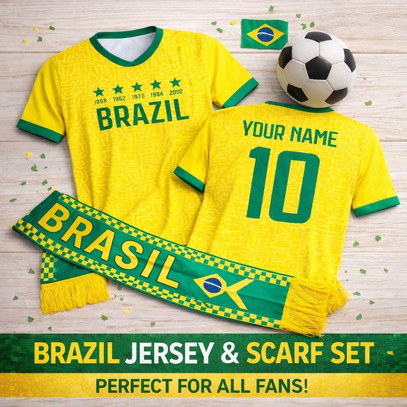 Peut inclure: Un ensemble maillot et &eacute;charpe du Br&eacute;sil de couleur jaune avec des d&eacute;tails verts. Le maillot affiche "BRAZIL" et les ann&eacute;es 1958, 1962, 1970, 1984 et 2000. Un ballon de football et un drapeau br&eacute;silien sont &eacute;galement pr&eacute;sents.