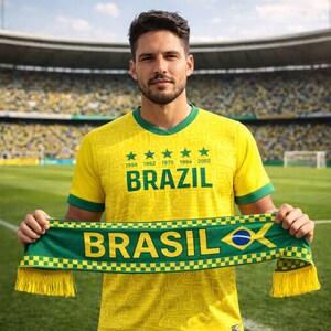 Peut inclure: Un homme porte un maillot de football jaune du Br&eacute;sil et tient une &eacute;charpe verte. Le maillot affiche le mot "BRAZIL" en vert, avec des &eacute;toiles et les ann&eacute;es de championnat. L'&eacute;charpe indique "BRASIL" avec le drapeau br&eacute;silien.