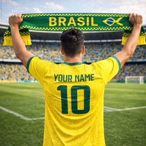 Peut inclure: Un maillot de football jaune avec le num&eacute;ro 10 et le texte "YOUR NAME" au dos. La personne tient une &eacute;charpe verte et jaune avec "BRASIL" &eacute;crit dessus. L'arri&egrave;re-plan montre un stade avec un terrain vert.
