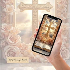 May include: A smartphone displays a golden cross against a cloudy sky, surrounded by flowers and an open book. The background features a large cross and floral arrangements. The text "DOWNLOAD NOW" is at the bottom.