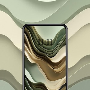 May include: A smartphone with a black frame displays a wallpaper featuring abstract, layered wave patterns in shades of green, beige, and brown. The time "11:11" is visible on the screen. The background has a similar wavy design in muted green and beige tones.