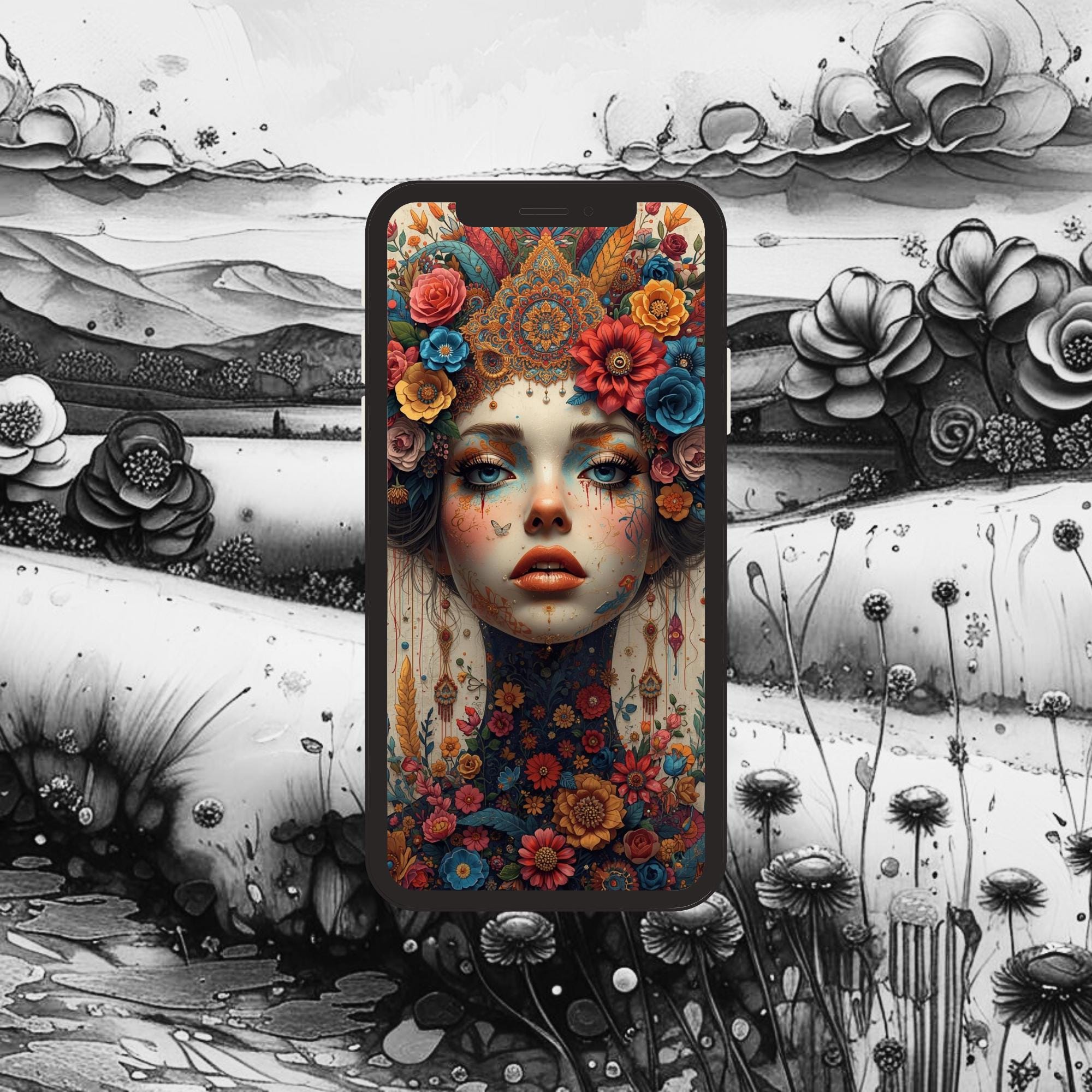 Boho Goddess Phone Wallpapers Fantasy Floral Art Bundle Mobile Backgrounds Digital Download