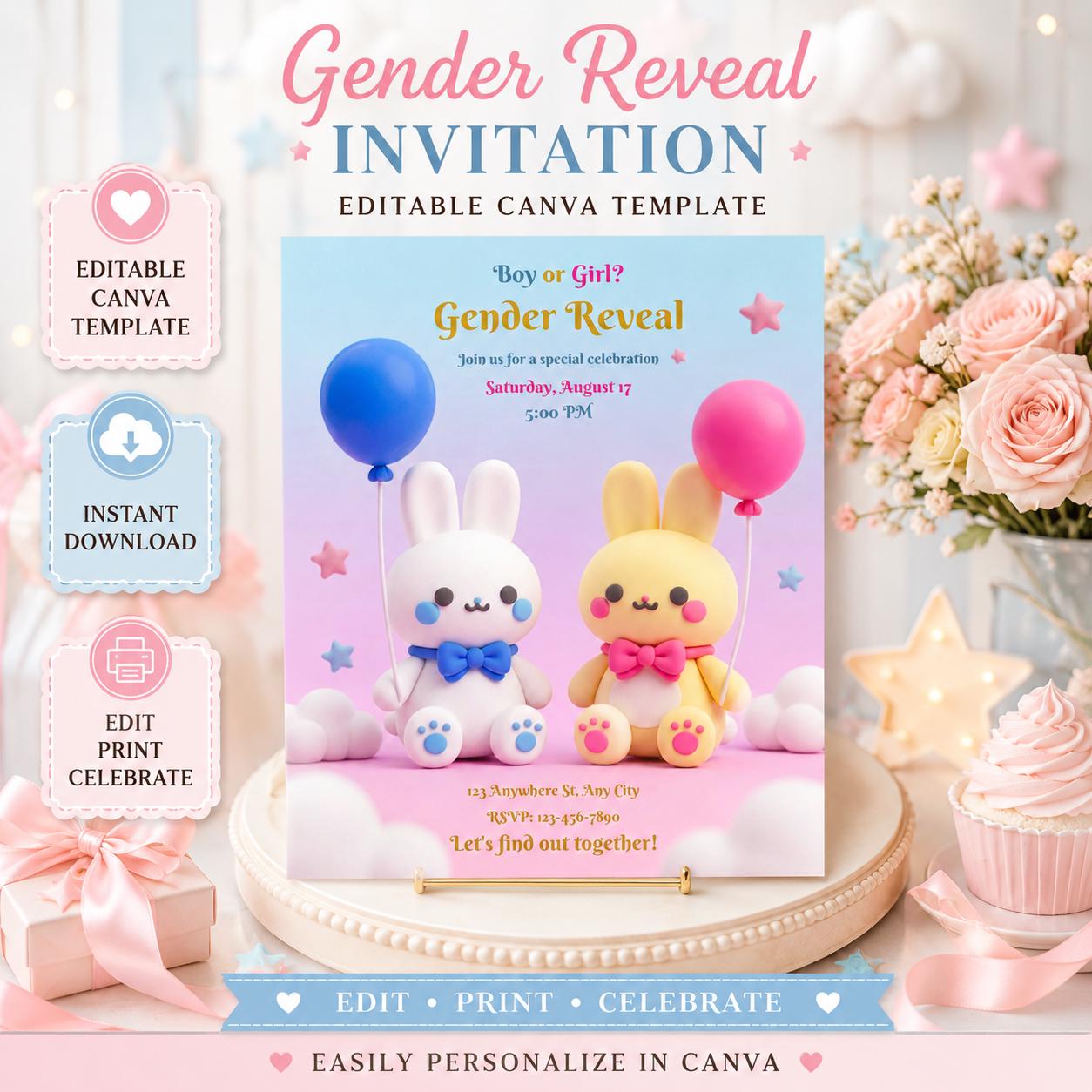 Editable Gender Reveal Canva Template, Bunny Baby Shower Invite, Boy or Girl Digital Download