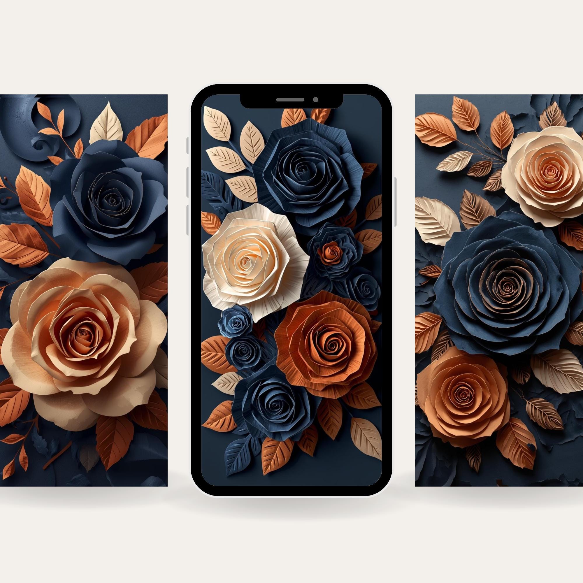 Rose Phone Wallpaper Pack, 3D Paper Cut Floral Background, Navy Cream Copper, Instant Download