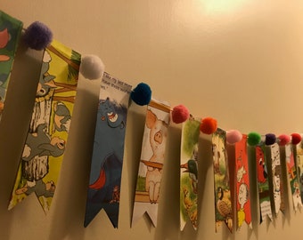 Guirnalda de pancartas de cuentos con pompones para baby shower, cumpleaños infantiles, fiesta temática de libros infantiles, decoración de habitación de bebé, decoración de biblioteca
