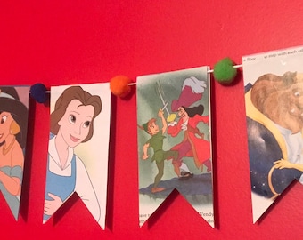 Storybook reversible large pennant banner with pom poms for nursery decor, baby shower, and more