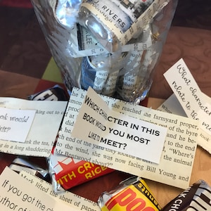 Unique book club game with 12 discussion questions and candy