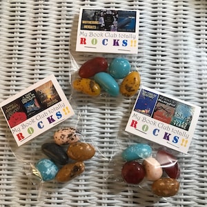 Twelve Book Club Favors - My Book Club totally rocks including candy pebbles/rocks in four assorted flavors