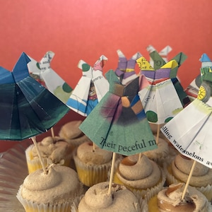 Twelve children&#39;s book page hand folded origami dress cupcake toppers - kid&#39;s book theme parties, baby shower, birthday,, more