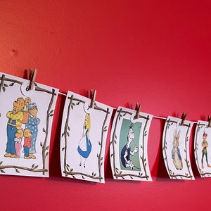 Bannière d'identification de personnage de livre de contes, jeu de société et décoration de chambre d'enfant avec carte d'identification