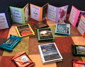 Set of 12 literary favors w/ full size Ghirardelli chocolate square - Personalization optional - wedding, shower, birthday, book club, more