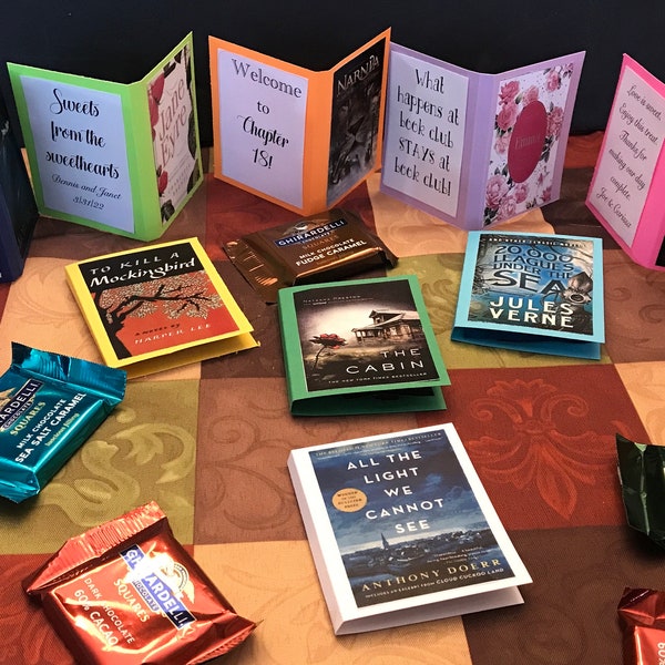 Set of 12 literary favors w/ full size Ghirardelli chocolate square - Personalization optional - wedding, shower, birthday, book club, more