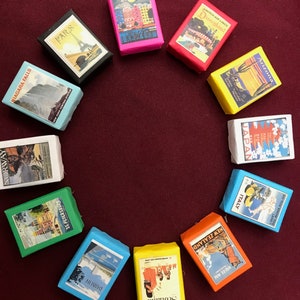 Twelve Mini Guest Soaps with vintage travel posters for wedding, travel theme party, retirement party, going away party and more