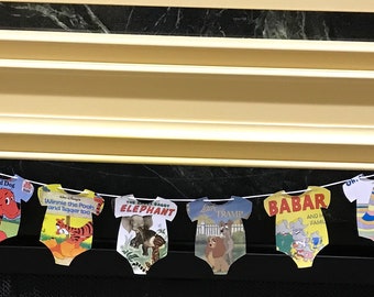 Storybook Baby Onesie Banner with TWELVE storybook images for baby shower, birthday party, gender reveal and more