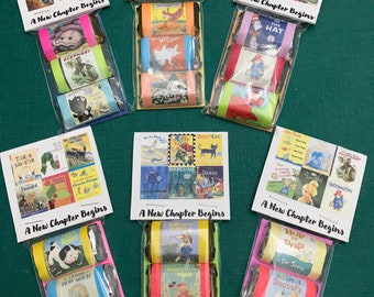 SIX packs of Candy Favors for storybook themed baby shower- A New Chapter Begins- choice of 3 or 4 in a pk