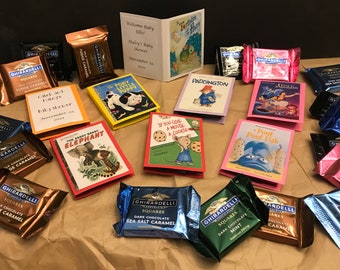 Set of 12 storybook favors with full size Ghirardelli chocolate square - Personalization optional - for baby shower - birthday party & more