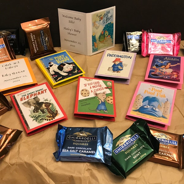 Set of 12 storybook favors with full size Ghirardelli chocolate square - Personalization optional - for baby shower - birthday party & more