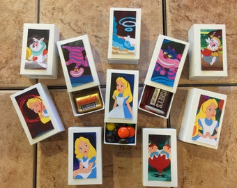 Twelve Alice in Wonderland slide box party favors for baby shower, birthday, or any party or event
