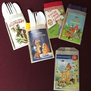 Twelve Storybook Silverware cutlery and napkin pouches and treat favor bags