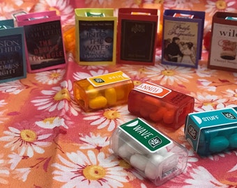 Twelve Adult and Young Adult book candy party favors with Mini Tic Tacs