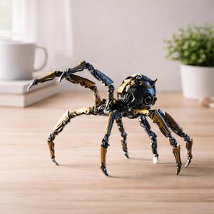Könnte beinhalten: Eine detaillierte Spinnenskulptur im Steampunk-Stil mit beweglichen Beinen. Die metallische Spinne hat ein Schwarz-Gold-Farbschema mit komplizierten mechanischen Details. Die Skulptur steht auf einer hellen Holzoberfläche.
