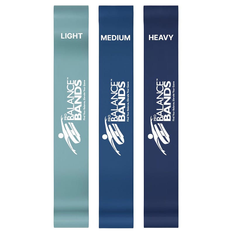 Pu&ograve; includere: Tre fasce di resistenza in varie tonalit&agrave; di blu. Le fasce sono etichettate "LIGHT", "MEDIUM" e "HEAVY". Ogni fascia presenta il logo "PRO BALANCE BANDS" e il motto "Find Your Balance, Elevate Your Game".