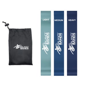 Pu&ograve; includere: Un set di tre fasce di resistenza blu e turchese, etichettate "LIGHT", "MEDIUM" e "HEAVY". &Egrave; inclusa anche una sacca nera con coulisse con il logo "PRO BALANCE BANDS". Ideale per il fitness.