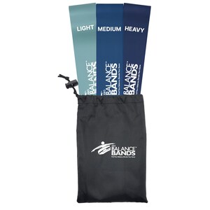 Pu&ograve; includere: Un set di tre fasce di resistenza blu e verdi, etichettate "LIGHT", "MEDIUM" e "HEAVY", che escono da un sacchetto nero con coulisse. Il sacchetto e le fasce presentano il logo "PRO BALANCE BANDS". Ideale per fitness ed esercizio.