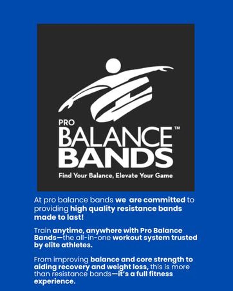 Pu&ograve; includere: Sfondo blu con un quadrato nero con il testo "PRO BALANCE BANDS" in bianco. Il logo include una figura bianca in movimento. Il testo "Find Your Balance, Elevate Your Game" &egrave; sotto il marchio. L'immagine promuove fasce di resistenza.