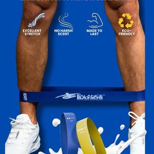 Pu&ograve; includere: Una fascia di resistenza blu con la scritta "BALANCE BANDS" e due fasce pi&ugrave; piccole, una blu e una gialla. L'immagine include anche il testo "MADE FROM 100% NATURAL LATEX", "EXCELLENT STRETCH", "NO HARSH SCENT", "MADE TO LAST" e "ECO-FRIENDLY".