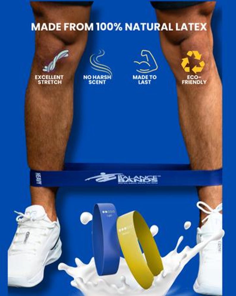 Pu&ograve; includere: Una fascia di resistenza blu con la scritta "BALANCE BANDS" e due fasce pi&ugrave; piccole, una blu e una gialla. L'immagine include anche il testo "MADE FROM 100% NATURAL LATEX", "EXCELLENT STRETCH", "NO HARSH SCENT", "MADE TO LAST" e "ECO-FRIENDLY".