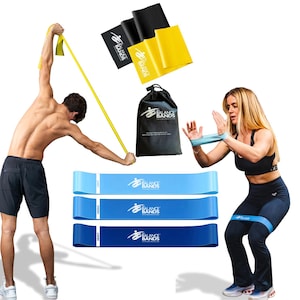 May include: A collection of Balance Bands resistance bands in various colors, including yellow, black, and blue. The image shows people using the bands for exercise. A black drawstring bag with the Balance Bands logo is also included.