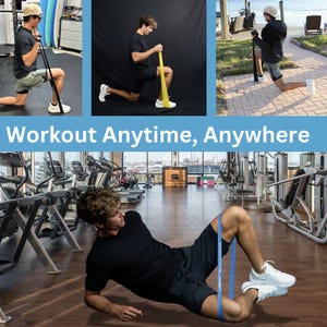 Pu&ograve; includere: Un collage di immagini che mostrano fasce di resistenza utilizzate per l'esercizio. Le immagini presentano una persona che dimostra vari esercizi con le fasce in diversi ambienti, tra cui una palestra e all'aperto. Il testo "Workout Anytime, Anywhere" &egrave; visualizzato.