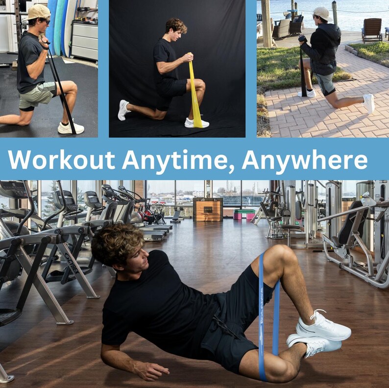 Pu&ograve; includere: Un collage di immagini che mostrano fasce di resistenza utilizzate per l'esercizio. Le immagini presentano una persona che dimostra vari esercizi con le fasce in diversi ambienti, tra cui una palestra e all'aperto. Il testo "Workout Anytime, Anywhere" &egrave; visualizzato.