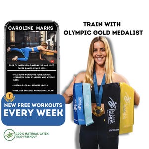 Pu&ograve; includere: Un'immagine di una donna che tiene delle fasce di resistenza blu, azzurre, nere e gialle. Le fasce sono etichettate come "Balance Bands", "Medium" e "Light". Il testo "Train with Olympic Gold Medalist" e "New Free Workouts Every Week" &egrave; anche visibile.