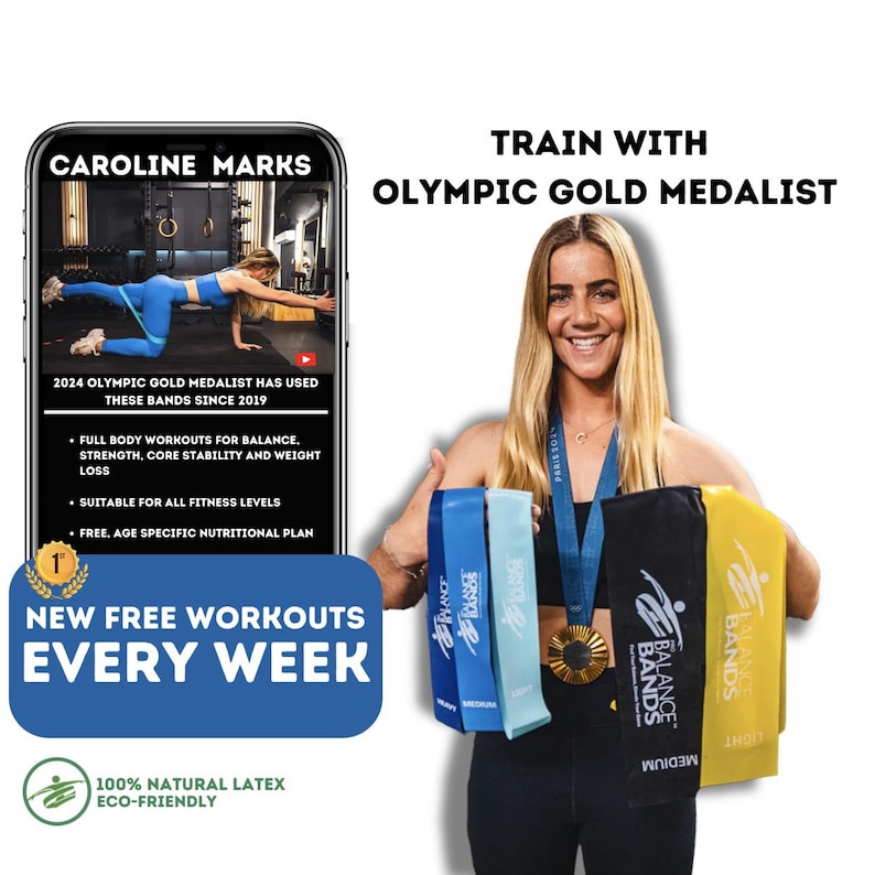 Pu&ograve; includere: Un'immagine di una donna che tiene delle fasce di resistenza blu, azzurre, nere e gialle. Le fasce sono etichettate come "Balance Bands", "Medium" e "Light". Il testo "Train with Olympic Gold Medalist" e "New Free Workouts Every Week" &egrave; anche visibile.