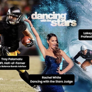 Pu&ograve; includere: Immagine con Troy Palamalu, membro della Hall of Fame NFL, e Rachel White, giudice di Dancing with the Stars. &Egrave; presente anche Lakey Peterson, surfista professionista. &Egrave; visibile il logo di Dancing with the Stars.