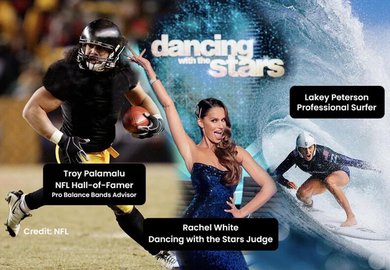 Pu&ograve; includere: Immagine con Troy Palamalu, membro della Hall of Fame NFL, e Rachel White, giudice di Dancing with the Stars. &Egrave; presente anche Lakey Peterson, surfista professionista. &Egrave; visibile il logo di Dancing with the Stars.