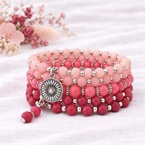 Pink Ombré Petal Gemstone Wrap Bracelet, Artistic 5 Strand Coil with Rhodonite Opal Jade