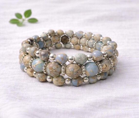 Blue Imperial Jasper Triple Memory Wire Bracelet – Rustic Elegance and Nature-Inspired, Handmade Earth-Tone Jewelry